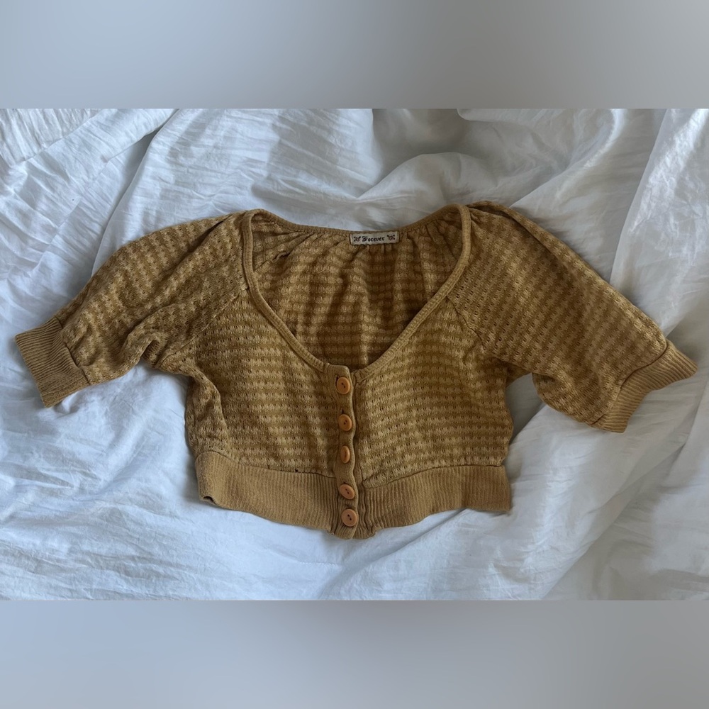 Sezane Tan 3/4 Sleeve Fitted Crop Blouse